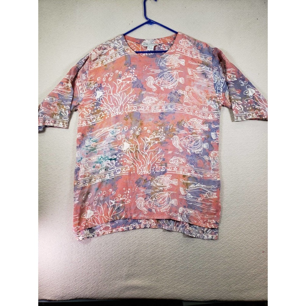 Globetrotter Top Womens XL Orange Sea Life‎ Fish Print Half Sleeve Tunic Blouse